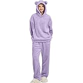 Wyeysyt Women's Fluffy Pajamas Set 2 Piece Fleece Pjs Bear Ear Hoodie Winter Warm Cozy Loungewear Sleepwear