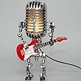 Xmpmrp Vintage Microphone Robot Lamp, Metal Microphone Robot Lamp with Mini Guitar, Vintage Light Home Decor Nightstand Desk Lamp for Bedroom, Bar, Restauran (Red)