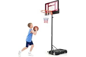 GYMAX Basketball Hoop, Adjustable Height 4.3-8.2FT with Shatterproof Backboard, All Weather Frame, Wheels, Portable Basketbal