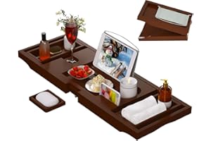 YOUPEHOM Bamboo Bathtub Caddy Tray Expandable for Luxury Bath, Bath Accessories & Table with Wine Glass Holder, Book Stand Bathroom Organizer with Extending Sides for Men/Women,Brown
