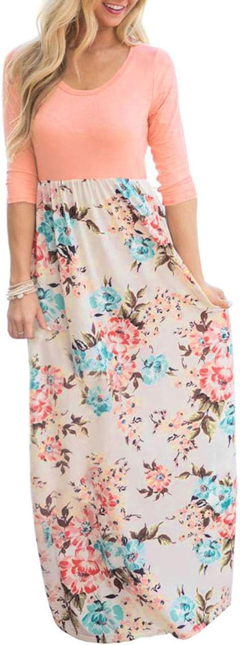 Women's Maxi Dress Floral Printed Scoop Neck Casual Dress Elastic Waist 3/4 Sleeve Tunic Dress for Women