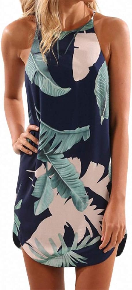 FeiXing158 Straight Dress Neck Floral Printed Sleeveless Girl Casual Halter Mini Dresses