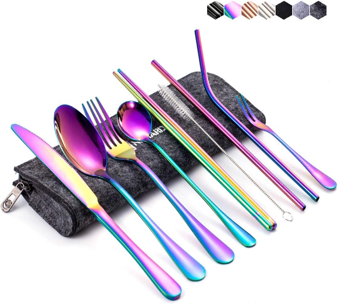 NUMARDA 9-Piece Portable Utensils,Travel Camping Cutlery Set, Travel Utensils, Camping Utensils Set, Stainless Stee Flatware set, (Colorful Product and Medium Gray Bag)