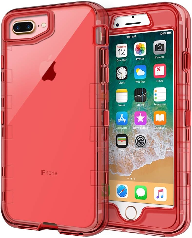 Anuck Case for iPhone 8 Plus Case, for iPhone 7 Plus Case 5.5 inch, Crystal Clear 3 in 1 Heavy Duty Defender Shockproof Full-Body Protective Case Hard PC Shell & Soft TPU Bumper Cover - Clear Red