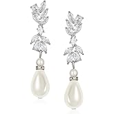 SWEETV Cubic Zirconia Pearl Drop Wedding Earrings for Brides, Ivory Bridal Pearl Earrings for Bridesmaid Jewelry Gift