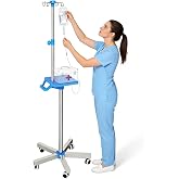 Adjustable IV Pole Portable Stand with Wheels, 52.3" to 70.8" Stainless Steel IV Stand with Tray and 4 Hooks, 5-Wheel Base