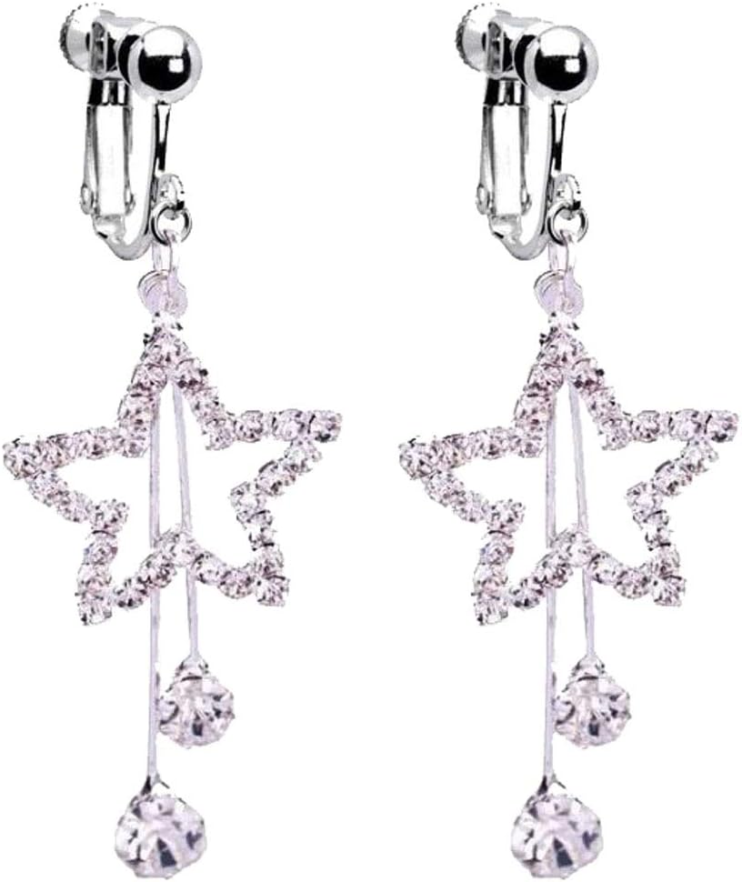 Lady Star Clip on Earrings White Gold Plated Pentagram Earings Crystal for Girls