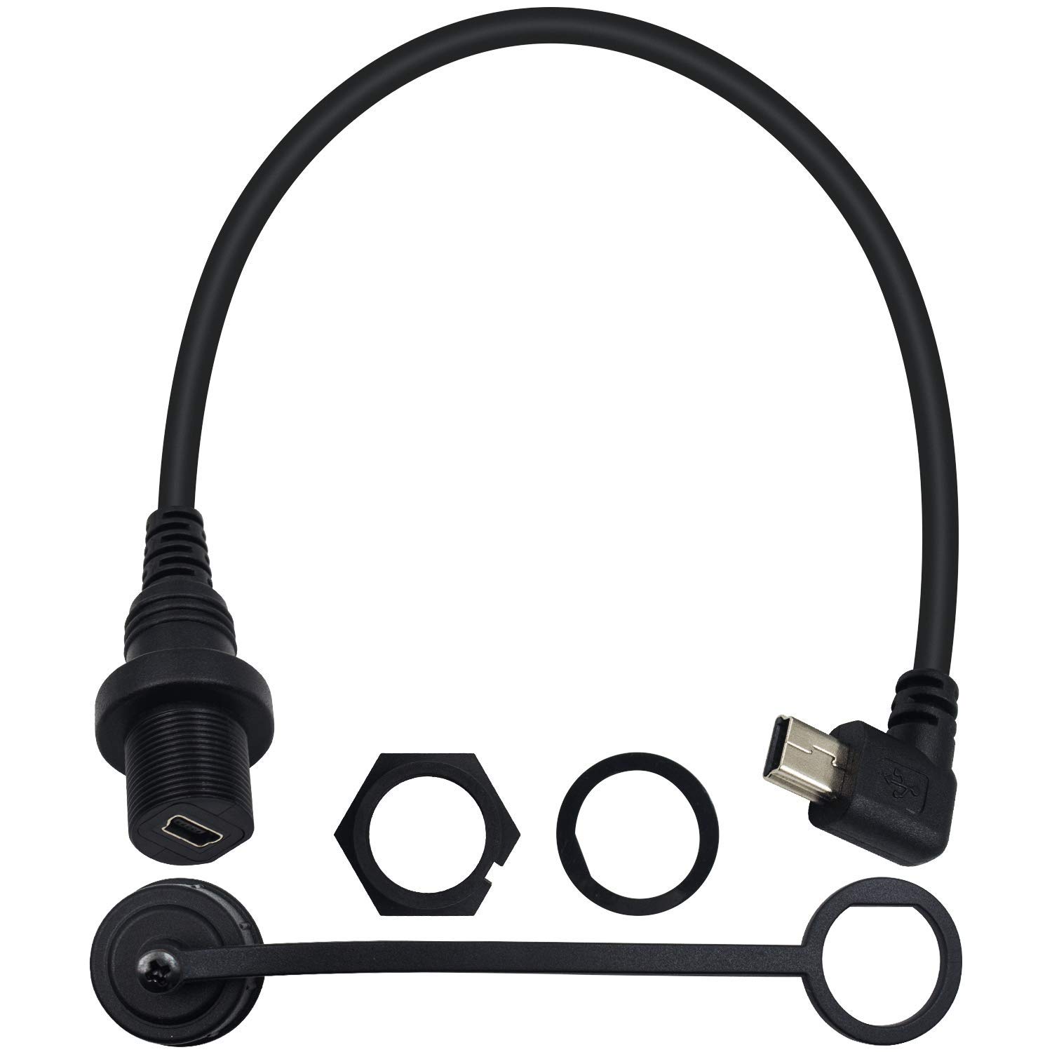 Duttek Mini USB Panel Mount Cable, Left Angled Mini USB Mount Extension Dash Flush Cable Male to Female for Car, Boat, Motorcycle, Truck Dashboard 30cm/12 Inch