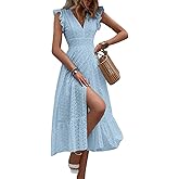 chouyatou Women's Summer Flutter Sleeve Embroidery Eyelet Lace Dress V-Neck A-Line Beach Sun Dress