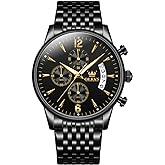 OLEVS Men's Stainless Steel Chronograph Watch, Big Face Gold Silver Black Tone Easy to Read Analog Quartz Watch, Luxury Waterproof Date Diamond Roman Arabic Numerals Dial Dress Watch for Men