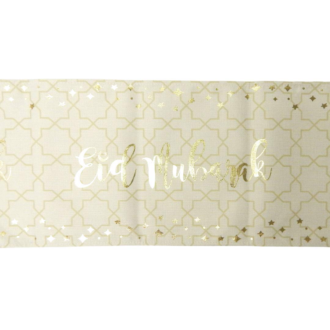 Peacock Supplies Happy Eid Table Runner - 240cm x 30cm | Cream & Gold Design | Easy Clean Cotton Fabric | Ideal for Kitchen Table & Dining Table | Water Resistant & Durable | Elegant & Practical