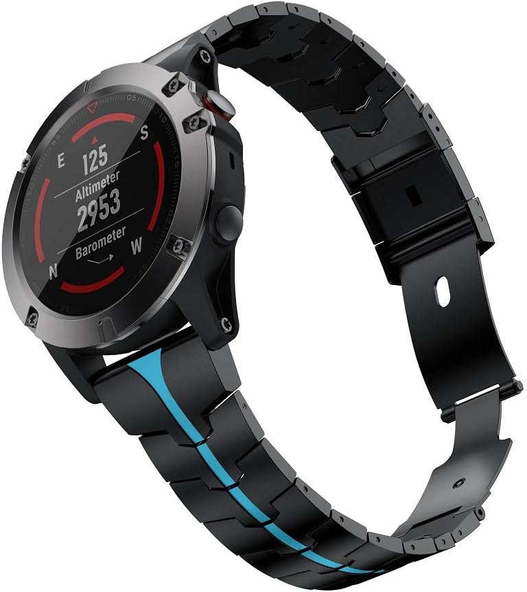 RABUZI Compatible Garmin Fenix 6X/5X Plus Band,26mm Enamel Stainless Steel Metal Quick Release Easy Fit Watch Strap for Garmin Fenix 6X/6X Pro/5X/5X Plus/3/3HR Smartwatch,Black+Blue Enamel process