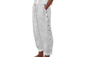 GENERIC Casual Pants for Women Trendy Stripe Print Side Button Up Pants Baggy Elastic Waist Straight Leg Comfort Trousers with Pocket