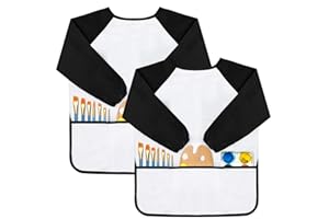 GODR7OY Kids Art Smocks, Painting Apron Artist Smock with Sleeve and 3 Pockets 2 Pack Black/White Set