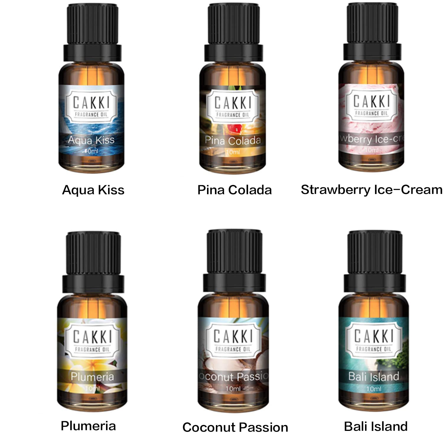 Summer Essential Oils for Diffusers for Home, CAKKI Fragrance Oils Set, 6X10ml with Coconut Passion, Plumeria, Pina Colada, Aqua Kiss, Bali Island, Strawberry, Aromatherapy Oils, for Candles Making