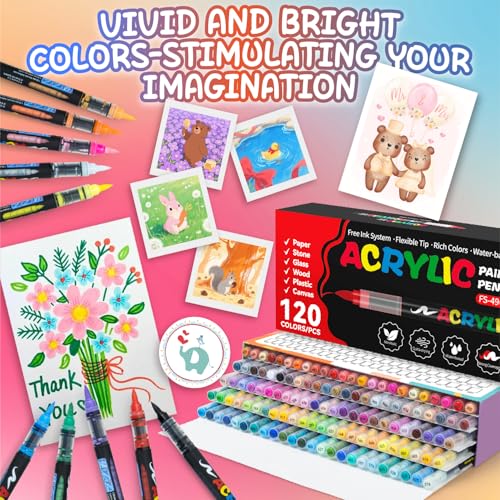 120 Colours Acrylic Marker Pens for Paper, Glass, Pebble, Wood, Egg, Ceramic, Adult Colouring Pens