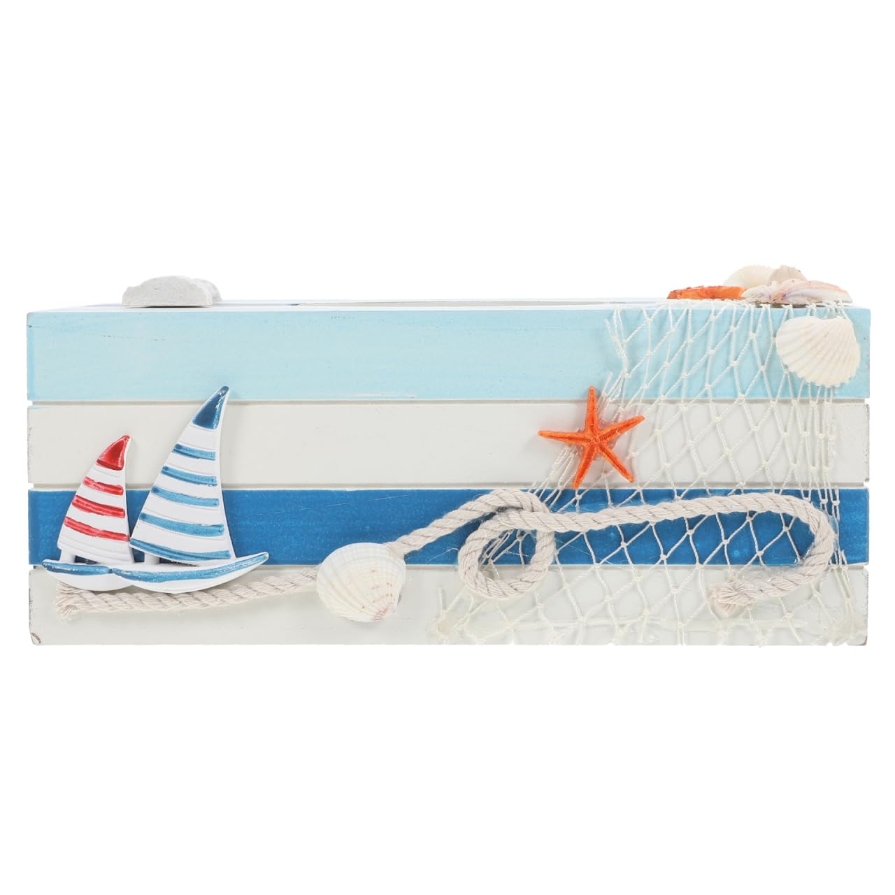 Mediterranean Wooden Tissue Box Holder - Nautical Decorative Storage Box with Striped Lighthouse Sailboat Design for Home Desktop