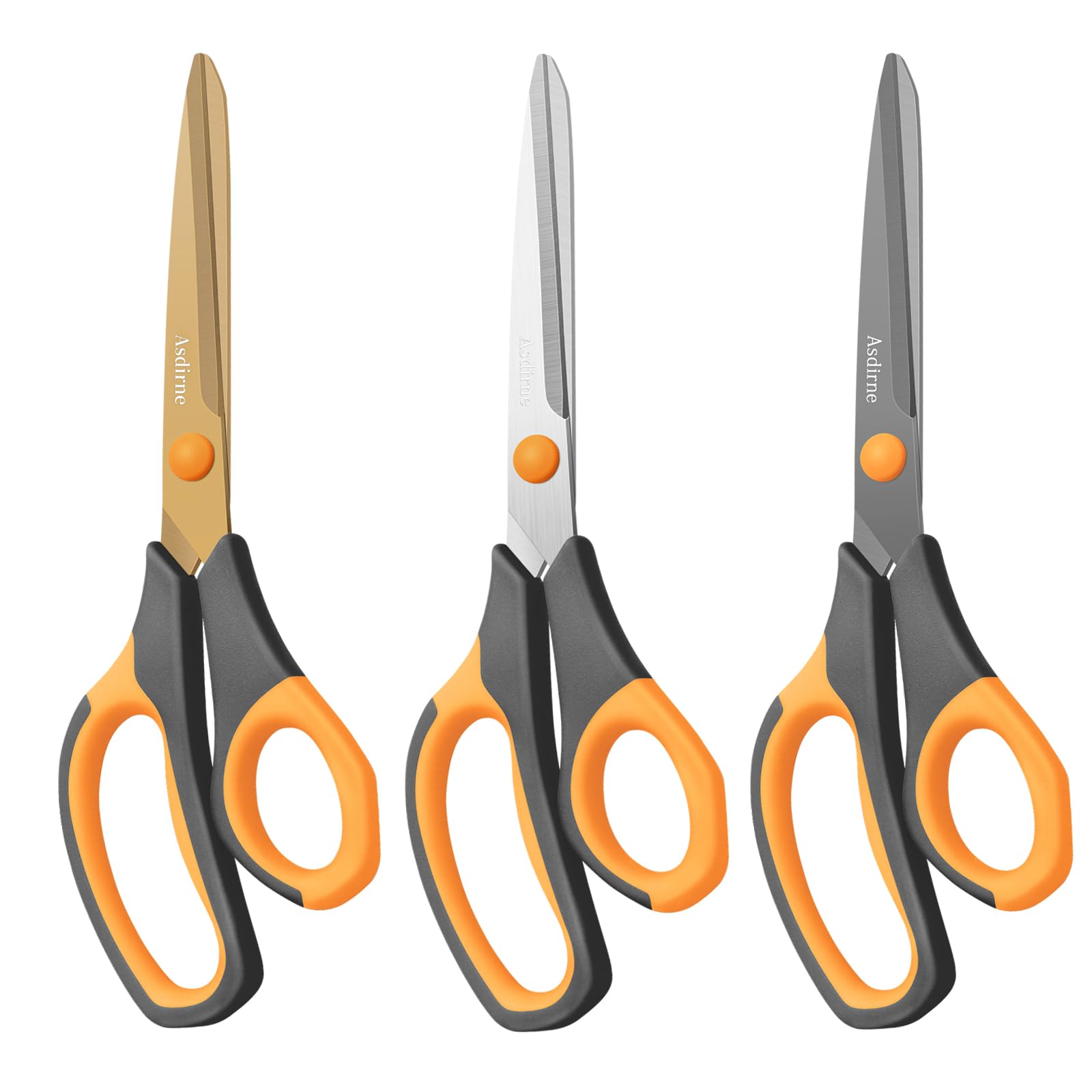 Asdirne Titanium Coating Scissors, Premium All Purpose Scissors, Ultra Sharp Stainless Steel Blades, Comfortable Grip, Great for Craft, Office, School and Everyday Use, Black/orange, 21.8cm, Pack of 3