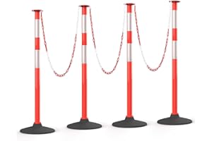 HiGiant 4 Pack 34 Inches Traffic Delineator Posts with Weighted Rubber Base, Portable Orange Safety Posts Cones with Reflective Collars and 15 Ft Plastic Chains for Parking Lot, Construction Work