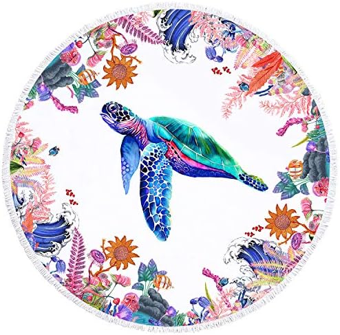 YAXIUFEN 29 Options Thick Soft Super Water Absorbent Multi-Purpose 60 inch 3D Printing Large Round Beach Towel Circle Picnic Carpet Yoga Mat Blanket with Tassels (Colorful Sea Turtles)