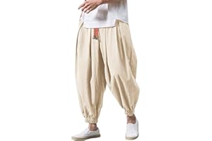 GOSEAGOTOFUN Linen Pants Men Casual Harem Pant Loose Stretchy Waist Casual Hippie Trousers Lightweight Loose Beach Yoga Pants