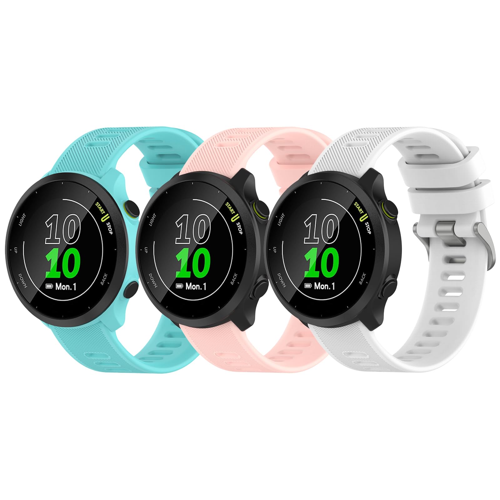 Garmcool 3 Pack Strap Compatible with Garmin Forerunner 55/245/645/165/158, Venu, Venu Sq/2 Plus/Sq 2 Women Men, Silicone Classic Replacement Band Pink, Aqua, White (Strap Only) — image 1