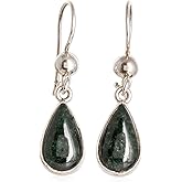 NOVICA Artisan Jade Dangle Earrings Dropshaped Dark Green Sterling Silver Guatemala [1.3 in L x 0.3 in W] ' Dark Green Tears'