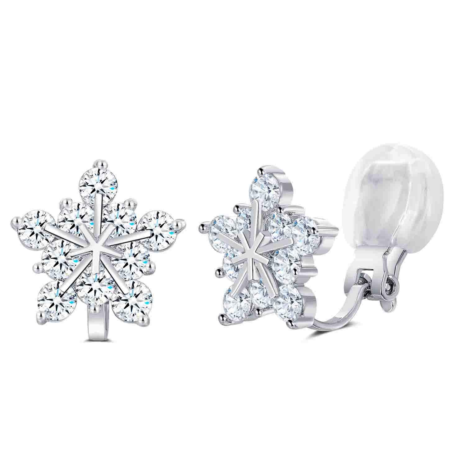HAISWET Prong Cubic Zirconia Snowflake Clear Zircon Statement Clip Earrings Stud Silver Tone