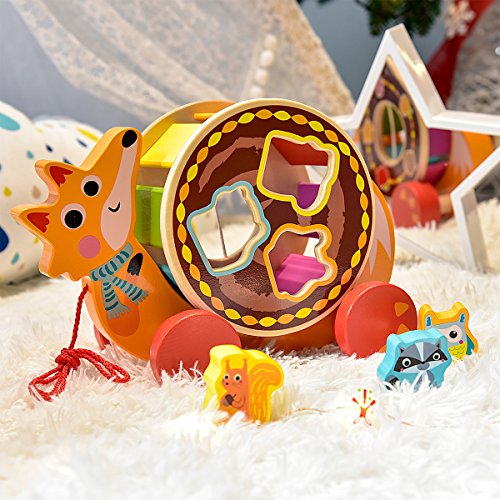 cossy Wooden Shape Sorter Pull Toy - Wooden Fox Puzzle for Toddler Learning Walk-A-Long Push & Educational Toy for 1 Year Old