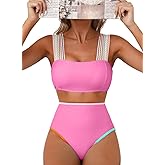 Herseas Women's Bikini Sets Colorblock Wide Strap 2 Piece Swimsuits High Waisted Square Neck Bathing Suits