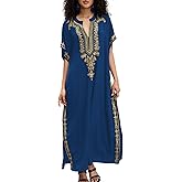 Women Embroidery Golden V Neck Arabic Dubai Kaftan Casual Beach Wear Cover Up Side Split Long Dress Blue