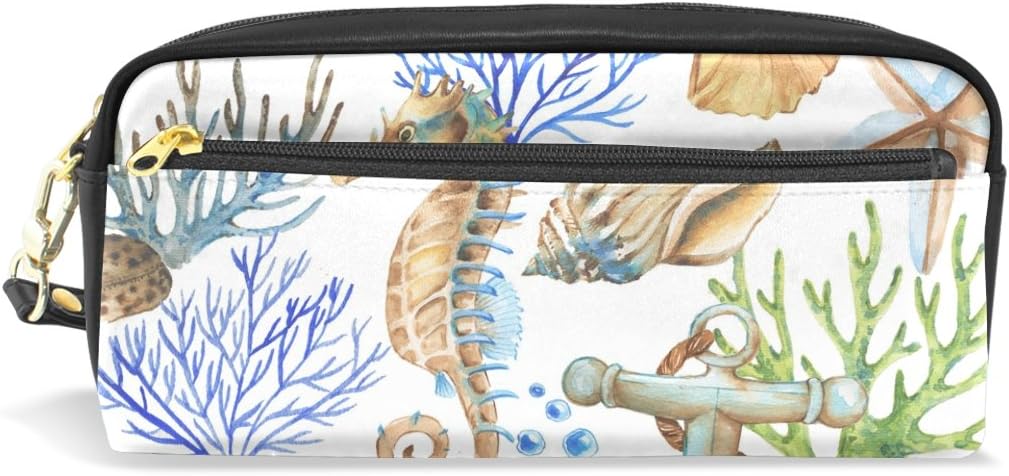 My Little Nest Pencil Case Watercolor Sea Object Cosmetic Makeup Bag Multi Function School Office Organizer Bag with Zipper Closure