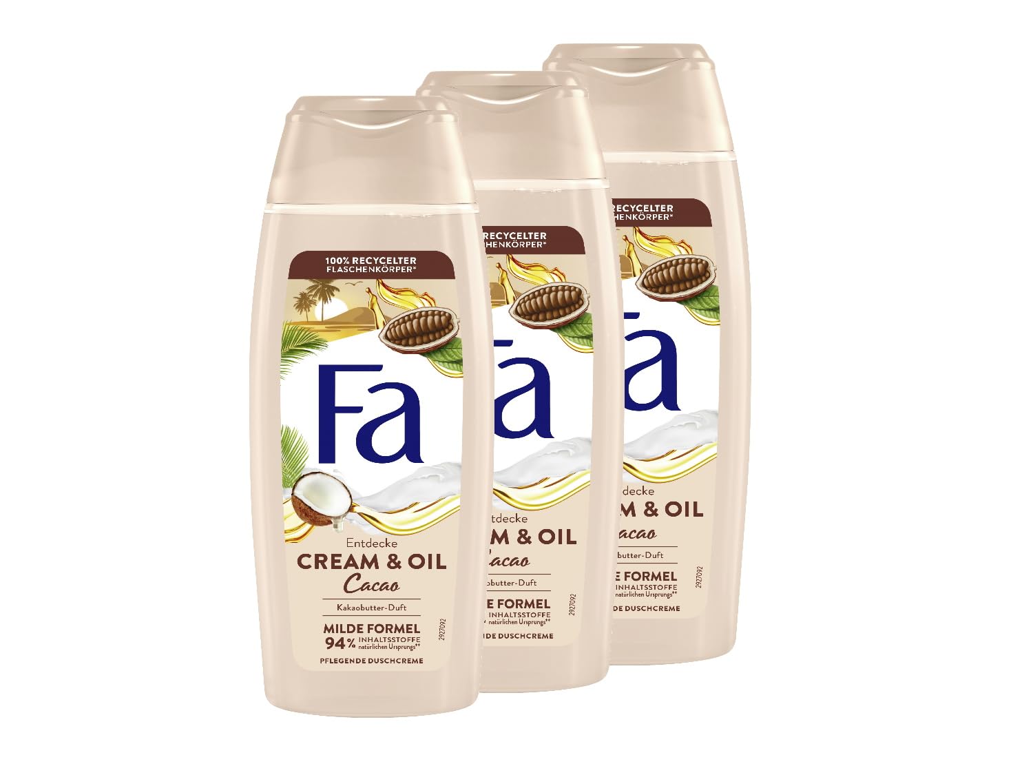 FA Shower Gel Cream & Oil Cacao (3 x 250 ml), Nourishing Shower Cream, Enjoy the Mild & Vegan Formula with the Pampering Fragrance of Cocoa Butter, 94% Ingredients of Natural Origin