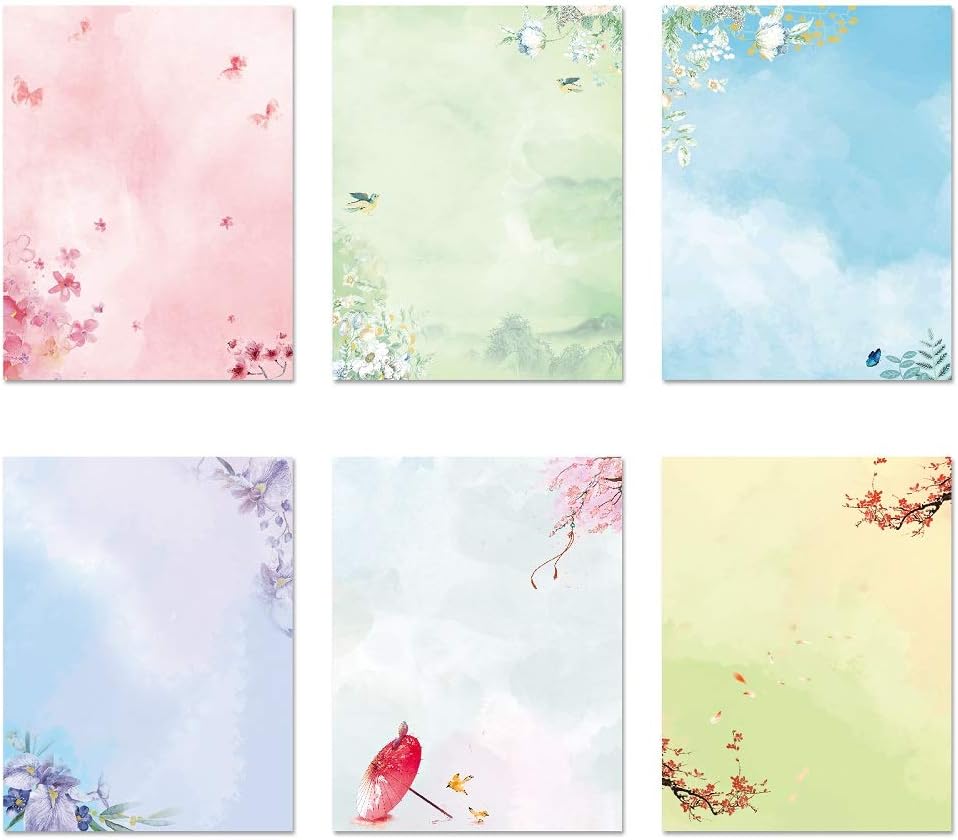 Stationary Set Japanese Stationery Letter Writing Paper, 48 Packs Stationary Paper and Envelopes Set Ink Painting Design - 48 Stationary Papers + 24 Envelopes