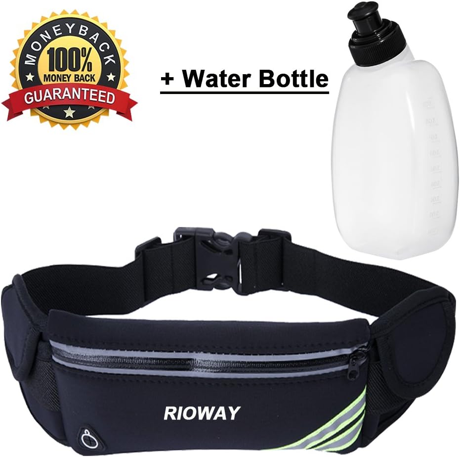 RIOWAY Running Belt- iPhone X 6 7 8 Plus Waist Bag, Best Fitness Gear, Reflective Waist Pack Phone Holder for Running Hiking Cycling Climbing. Men, Women Running Accessories, Black (Black-01)
