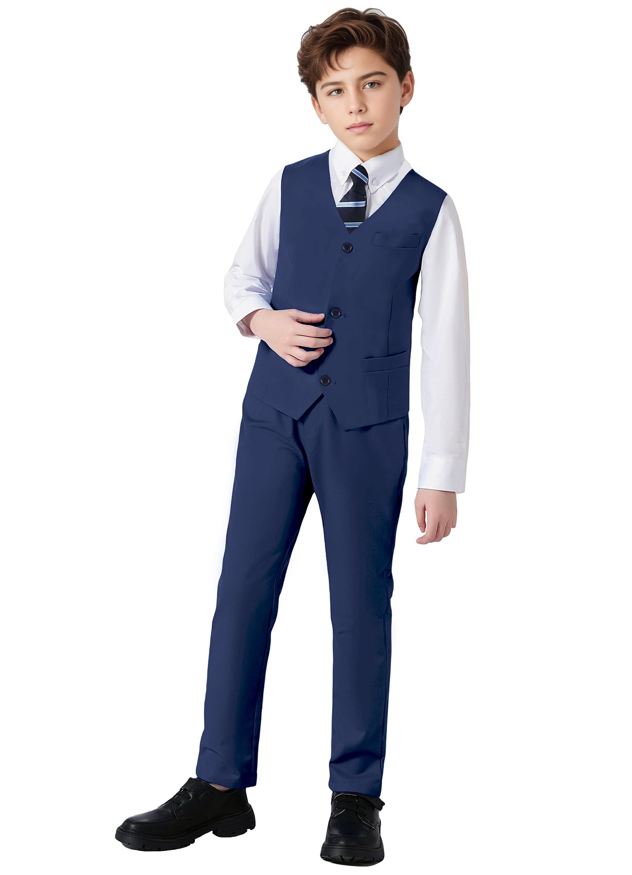 Teen Boys Suits 4 Piece Formal Suit Set Slim Fit Wedding Dress Clothes Ring Bearer Outfit Tuxedo Suit Set for Kids Navy Suits Boy Size 16 Image