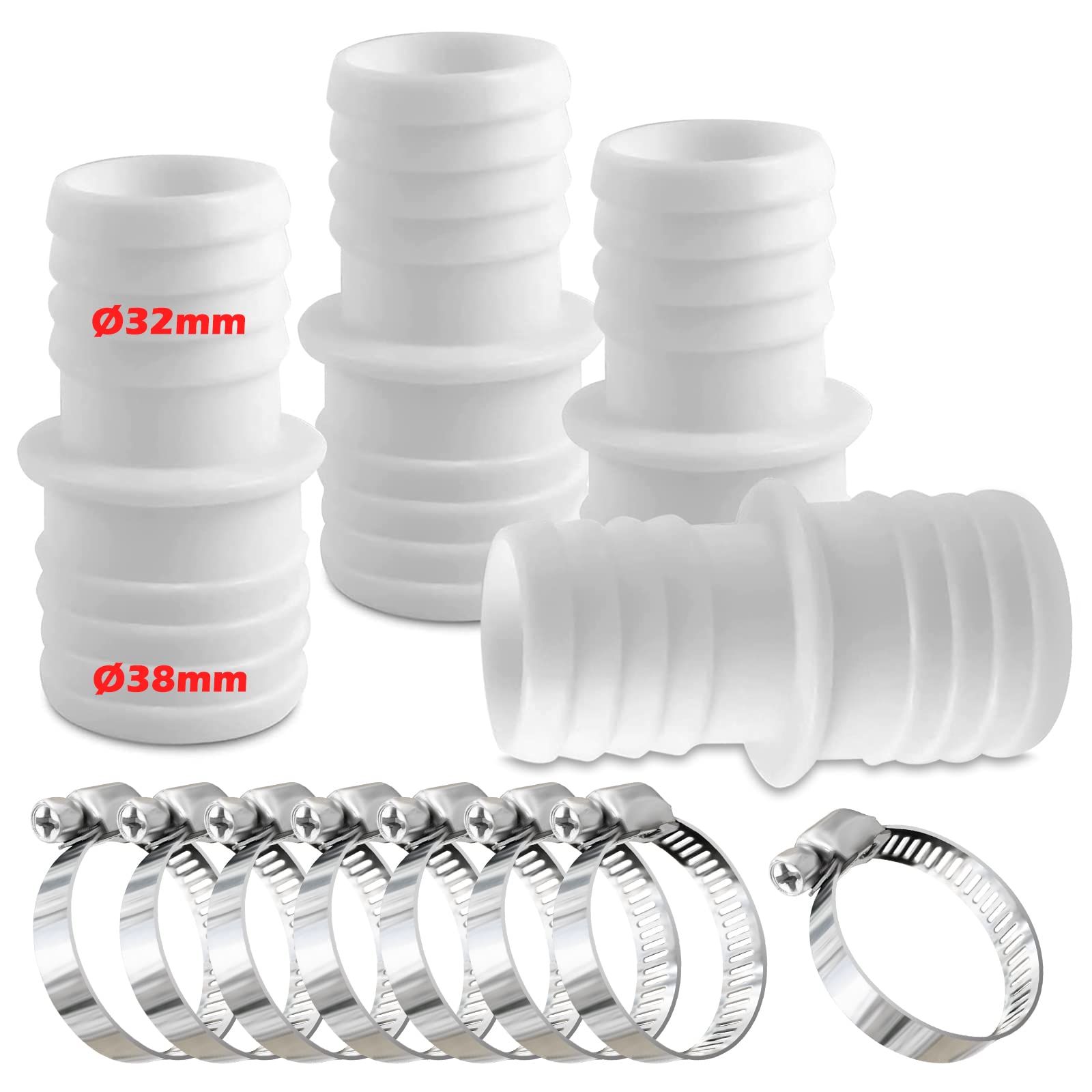 Set of 4 Hose Connectors, 32 mm to 38 mm Diameter, Set of 8 Hose Clamps, Pool Hose, Adapter, Hose Adapter, Double Hose Nozzle (White)