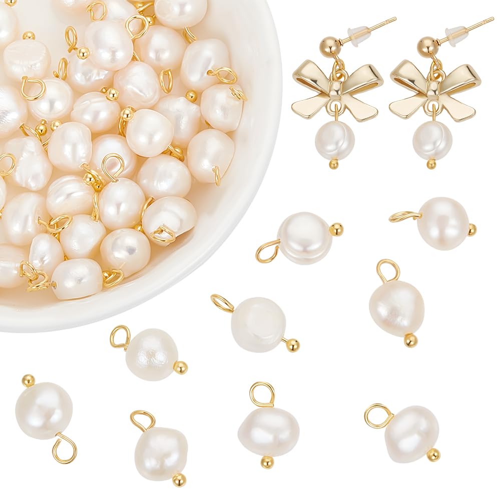 Beebeecraft 1 Box 40Pcs Pearl Oval Charms Freshwater Natural Cultured White Pendants with Golden Brass Ball Head Pins for DIY Bracelet Necklace Jewellery Making (10~12x5.5~7x4.5~6mm)