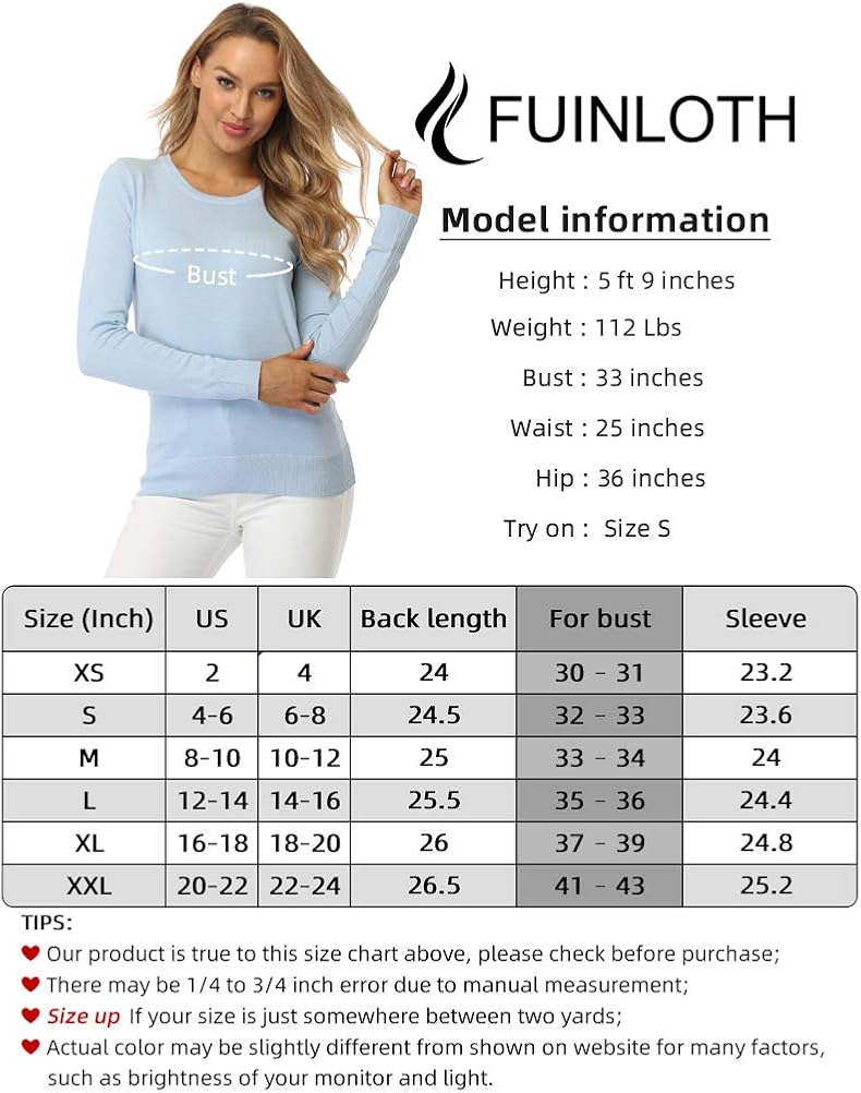 fuinloth Women's Sweater, Lightweight Crewneck Long Sleeve Pullover: Clothing