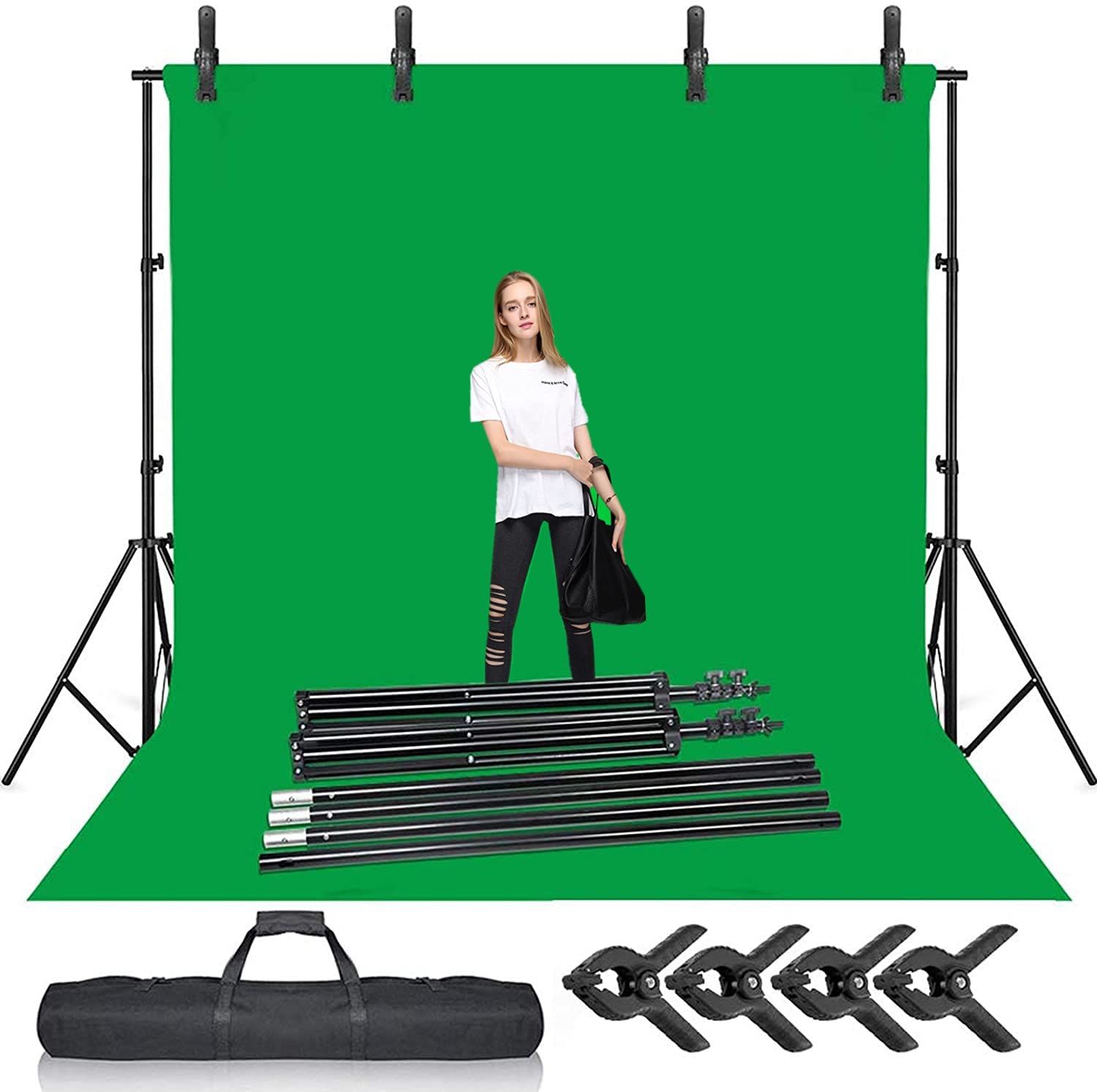 Selens Green Screen Backdrop Background with Stand Kit 2x3M Photography Support System Muslin Chromakey Backdrop 6.5x10ft with Clips Clamps for Photo Studio Video Portrait Product Shooting