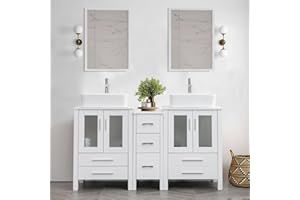 UEV 60" White Bathroom Vanity Set, Double Vanity with Double Vessel Sink Combo and Removable Side Cabinet (T03 Vessel Set)