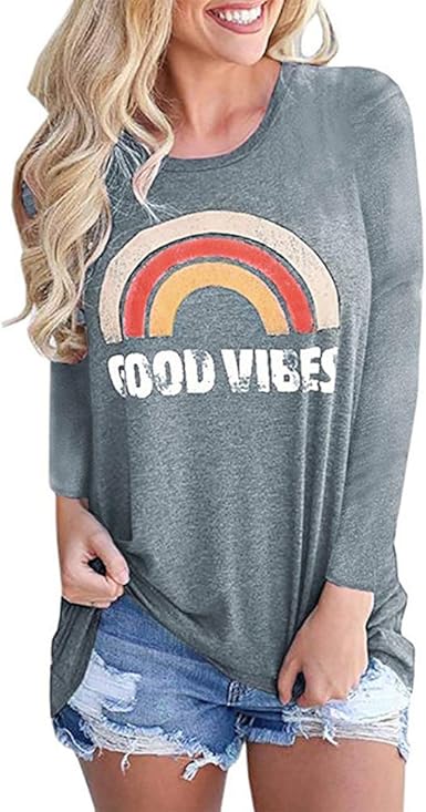 Supercimi Womens Good Vibes Long Sleeve Tops Graphic Rainbow Print Round Neck Basic T Shirt Amazon Co Uk Clothing