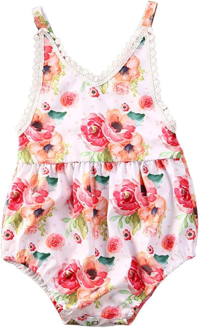 Newborn Baby Girls Clothes, Summer Floral Pompom Jumpsuit Romper Sleeveless Bodysuit Infant Jumpsuit Strap Backless Bodysuit