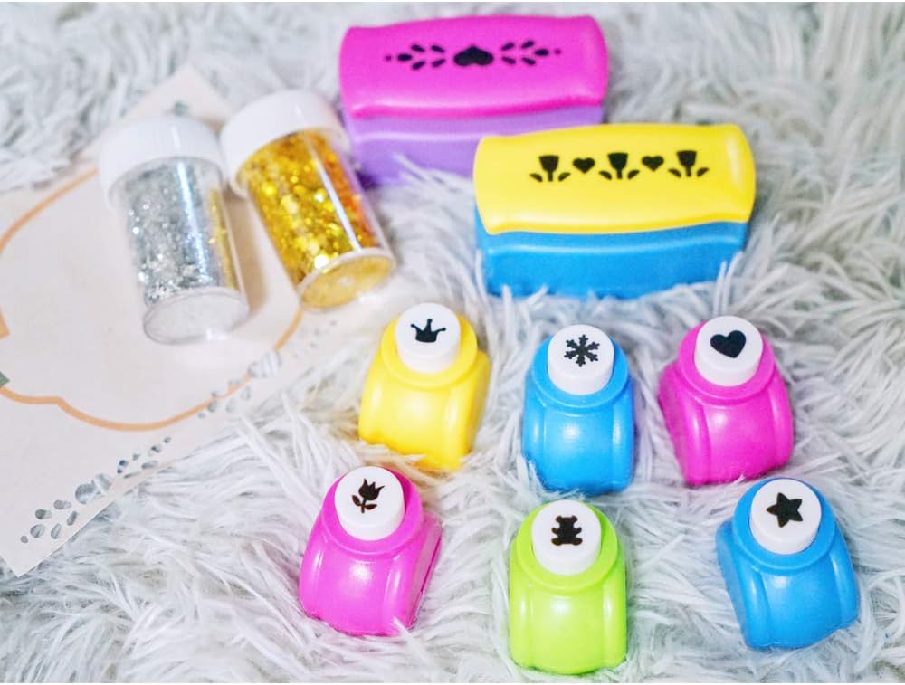 Zhenpony 10PCS Crafts Punch Set, 8 Style Paper Punches Craft Holes Punch Craft Punch Set and 2 Bottles of Shiny Powder Scrapbooks Albums Photos Cards DIY Handcrafts