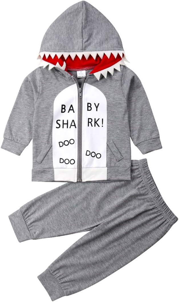 Newborn Infant Kids Boys Girls Cute Cartoon Shark Long Sleeve Zipper Hooded Romper Jumpsuit Top Outfits Clothes