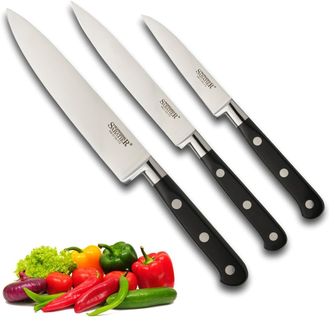 Taylors Eye Witness Professional Sabatier Knife Set 3 Piece, Paring, Utility & Chef’s Knives. Full Tang Blade. High Graded