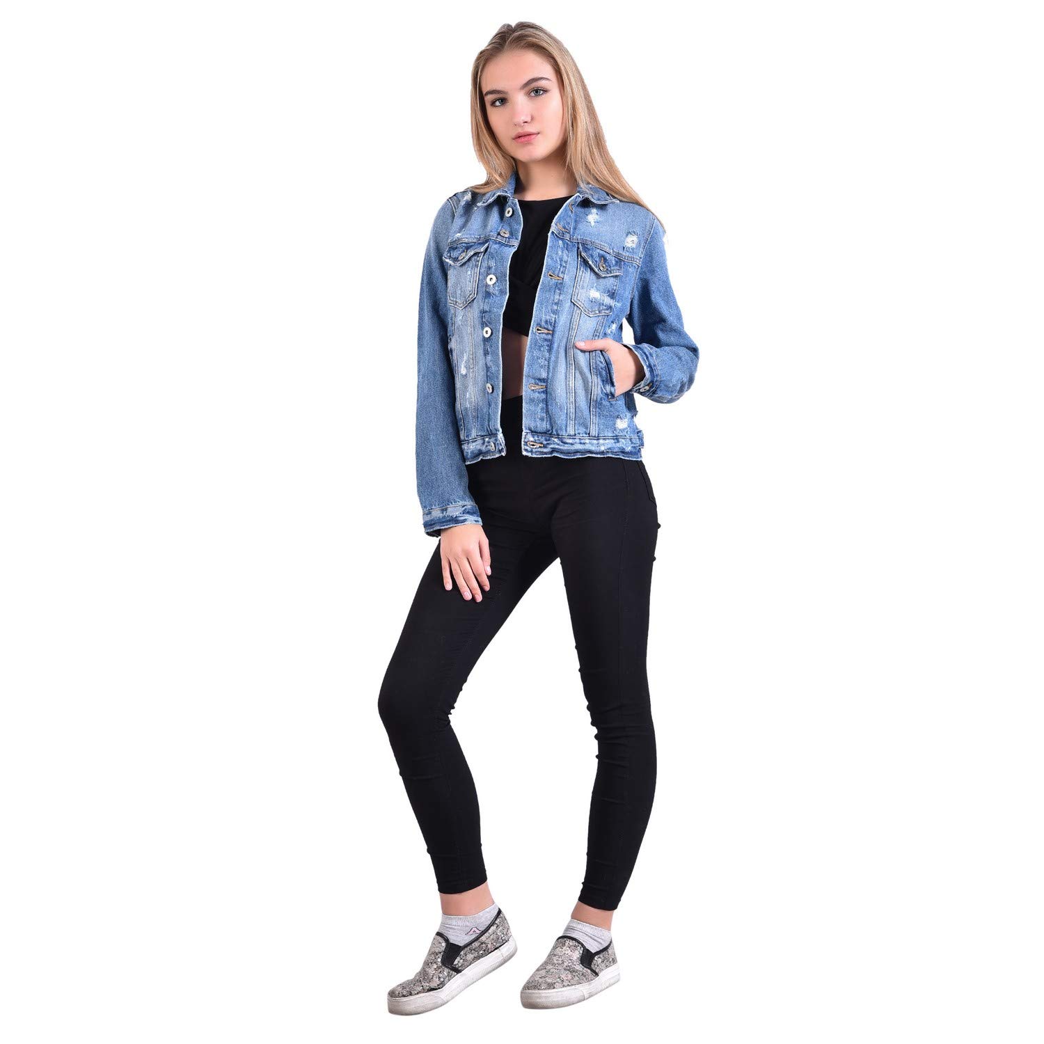 mansicollections blue distressed shredded denim jacket for women