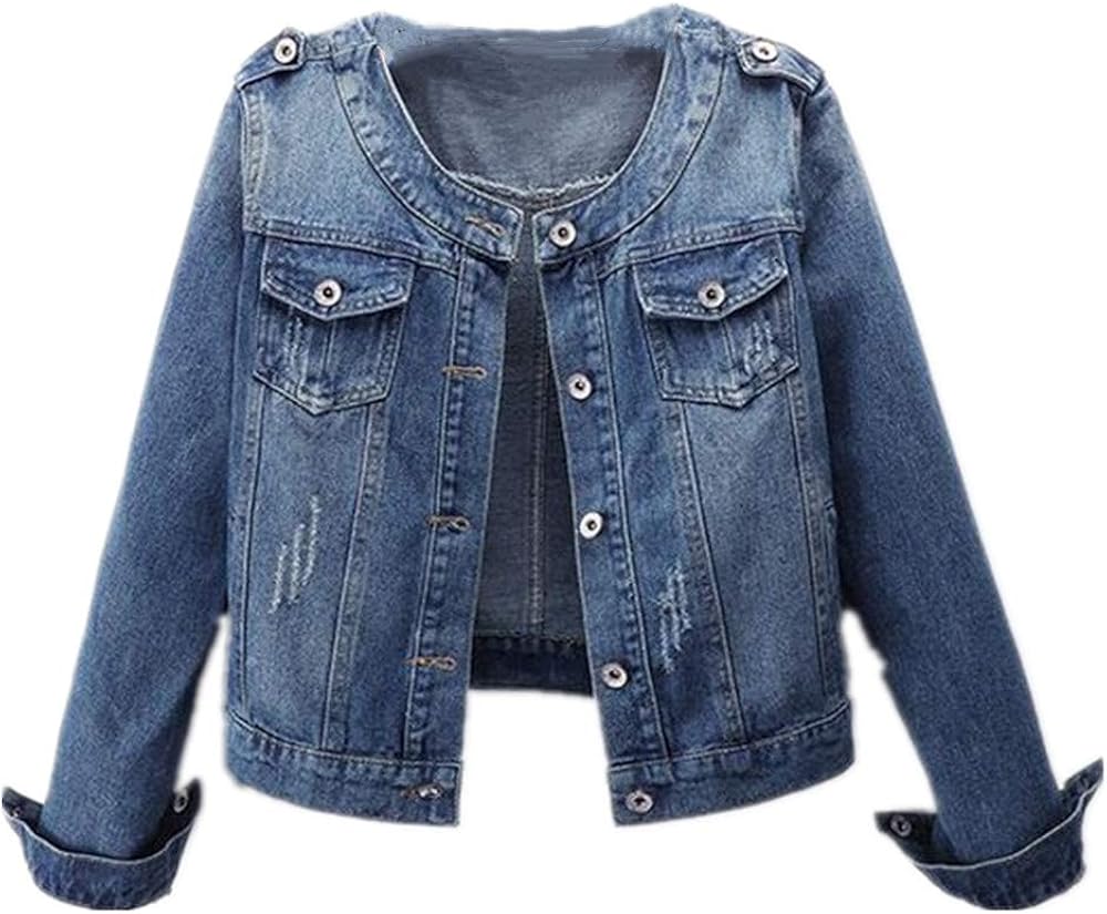Jeansjacke Frau Rundhals Süß Damen Blau Bomberjacke Kurz Denim Jacke ...