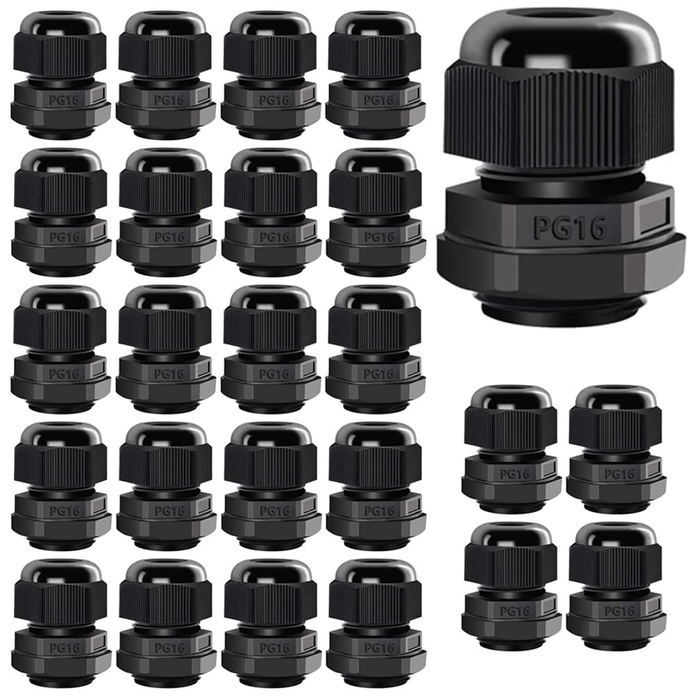 Gebildet 25Pcs PG16 Cable Gland, Plastic Waterproof IP68 Adjustable 8.5-14mm Cable Gland Joint with Rubber Gaskets, M22*1.5 Wire Connector, Wire Protector (Black) — image 1