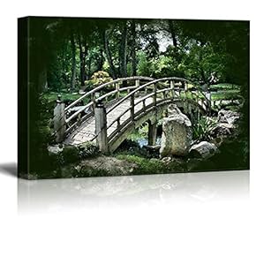 Print Landscape Vintage Oriental Stone Bridge and Garden